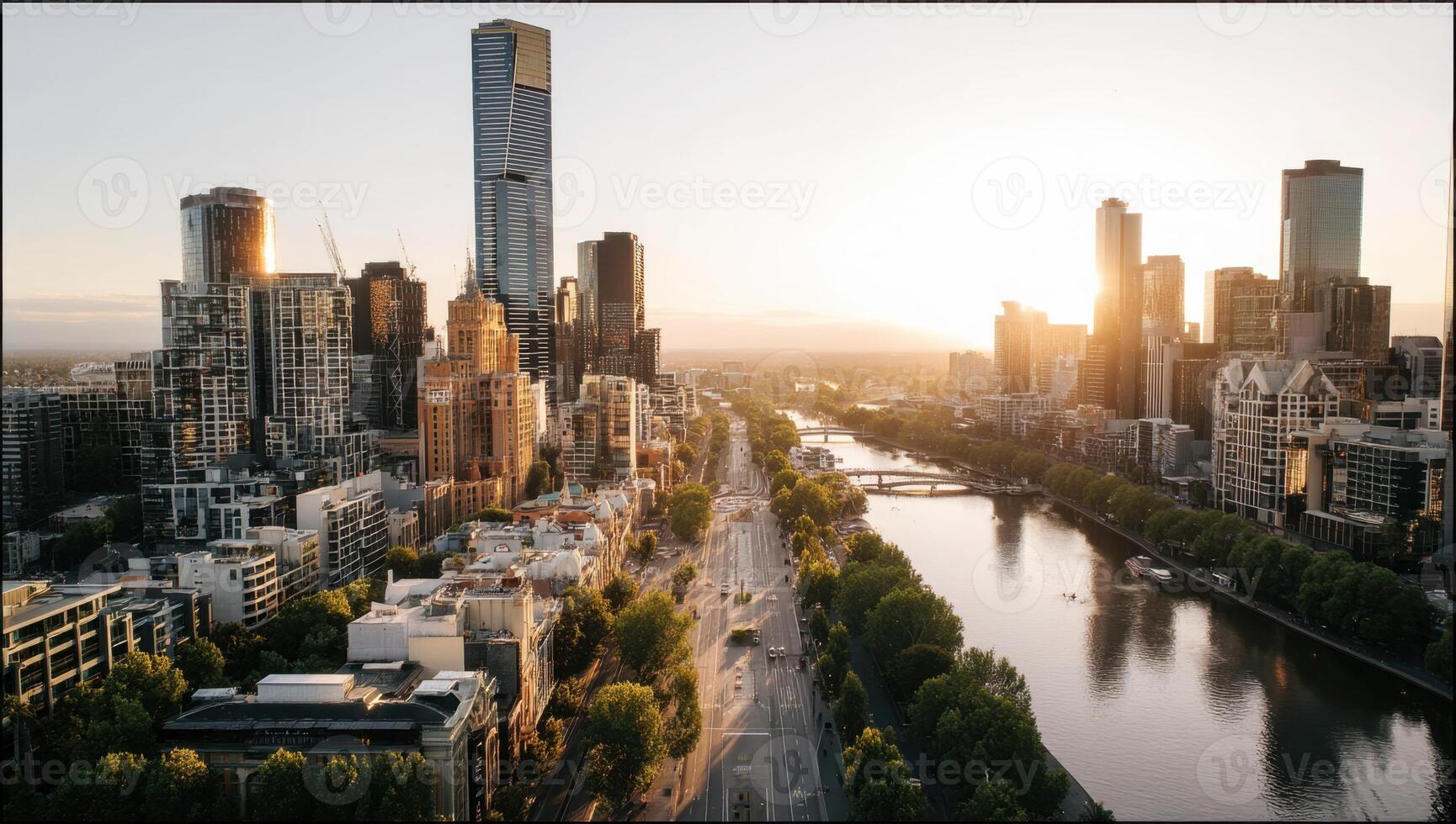 A Cityscape View Over The River With Tall Buildings photo