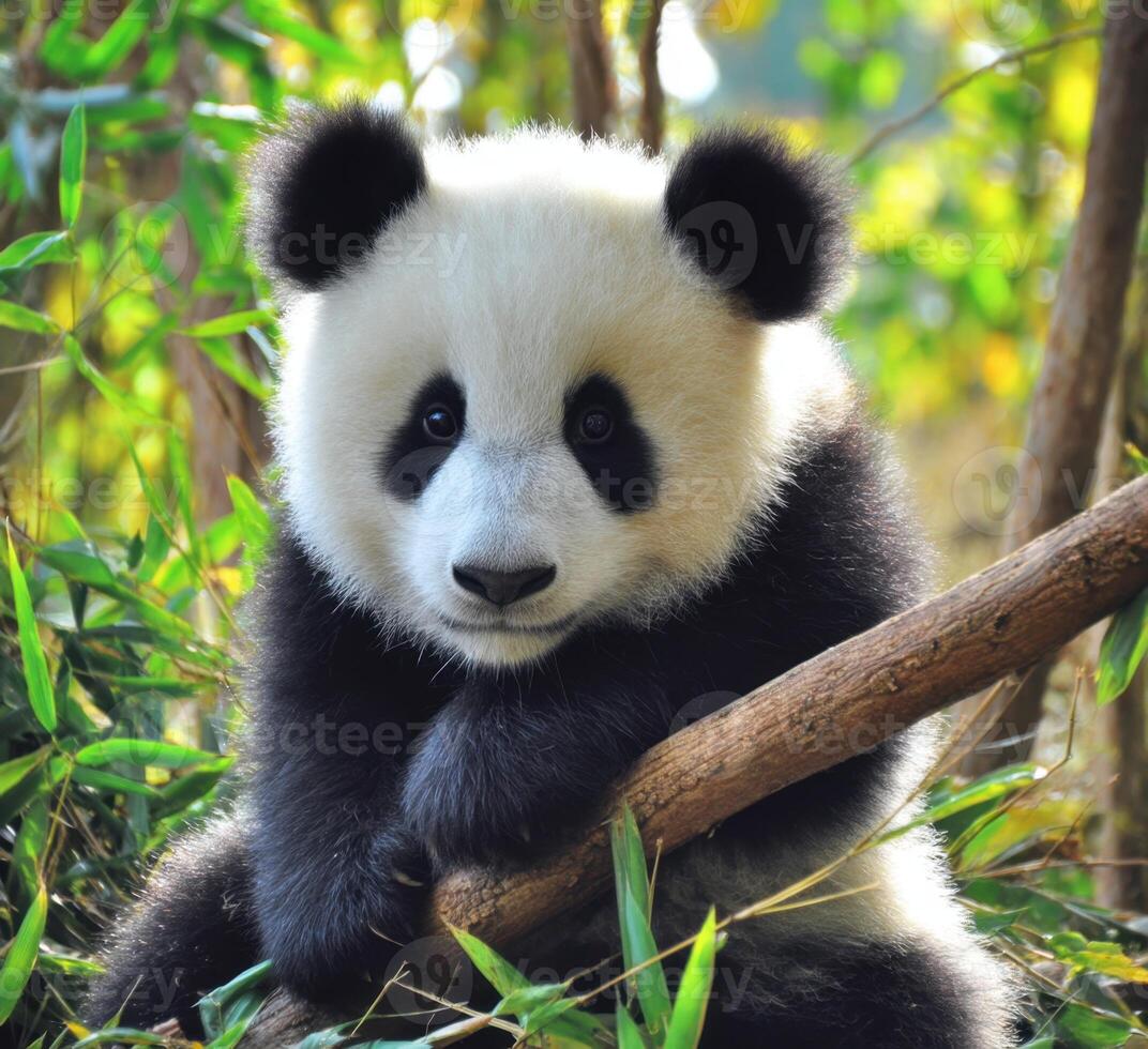 A Giant Panda Cub Adorably Posing On The Bamboo Tree photo