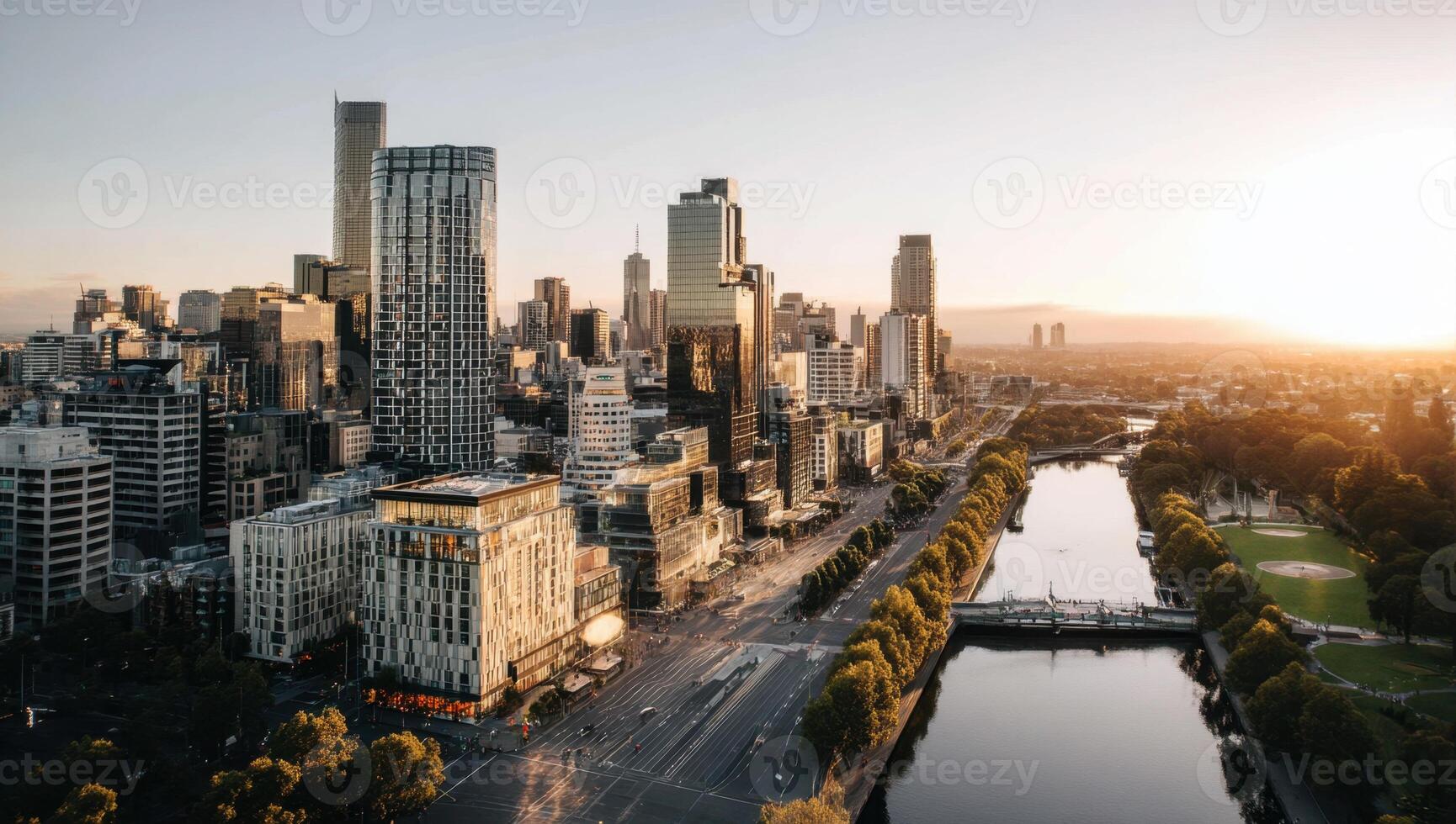 Cityscape Featuring Modern Architecture Along River During Golden Hour Sunlight photo
