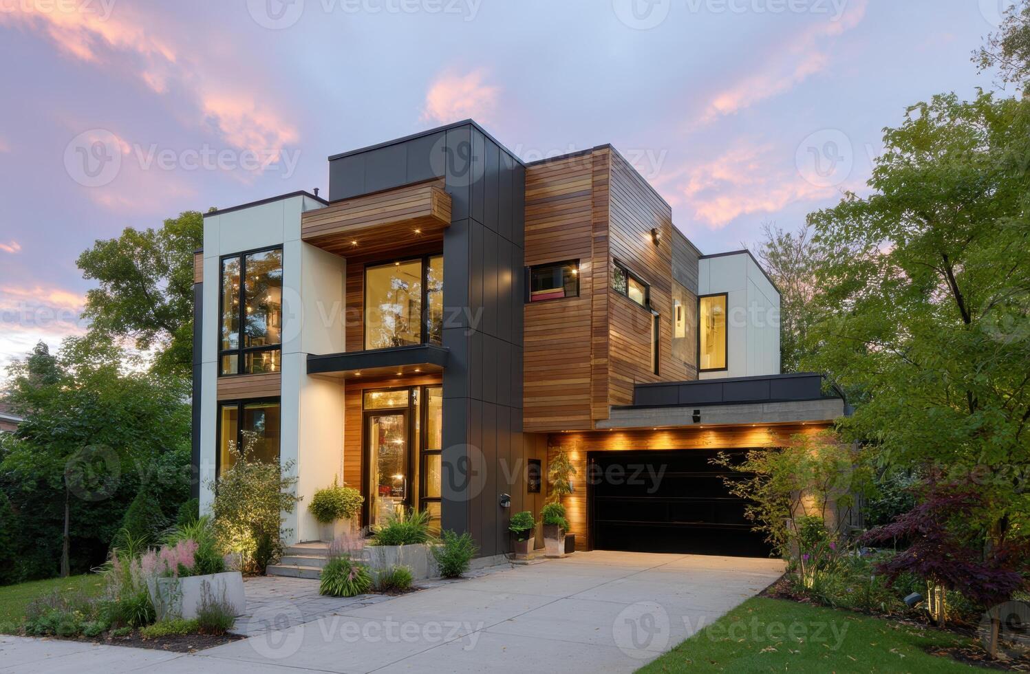 An Architectural Modern Home Surrounded by Nature at Dusk photo