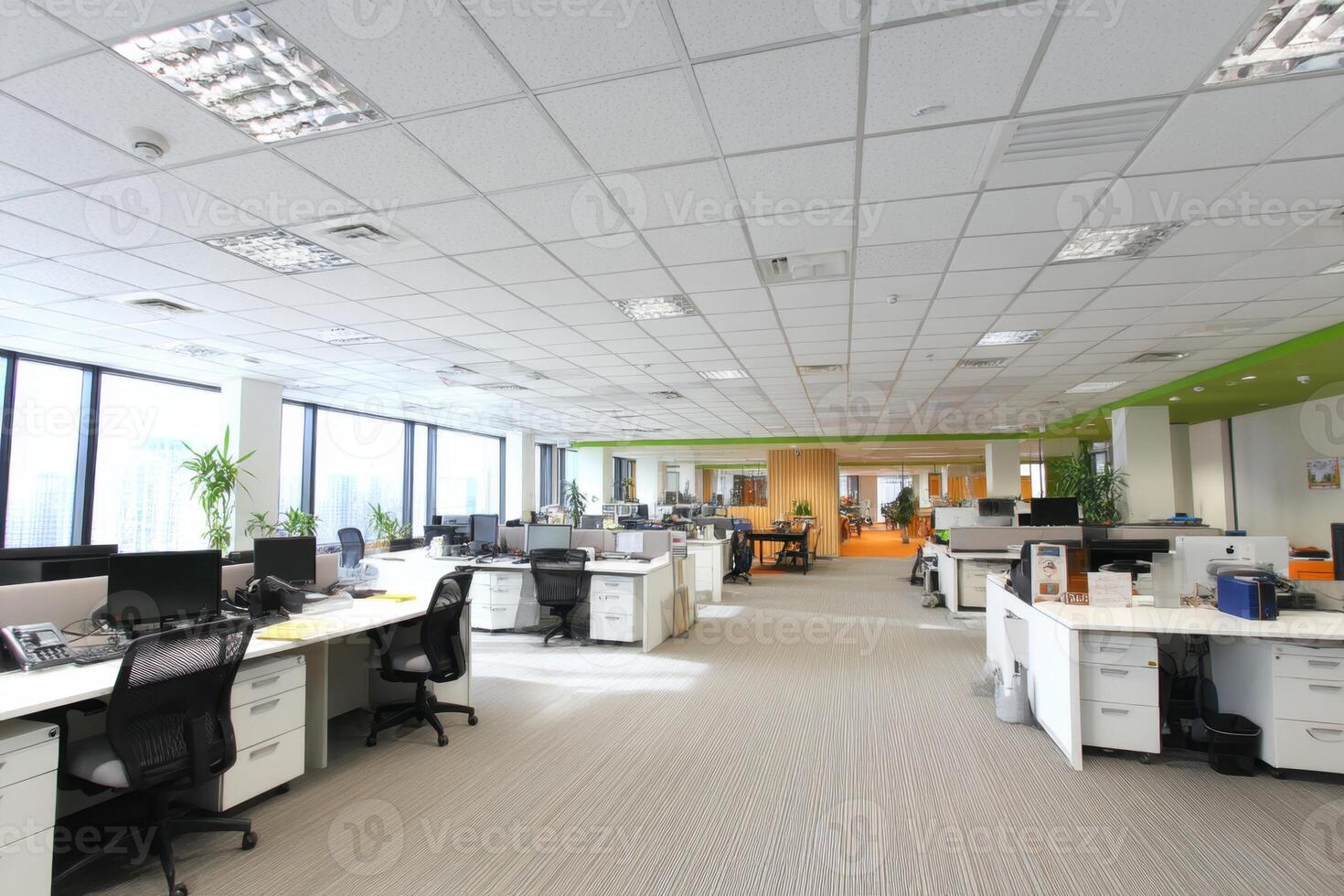 An Open Office Space with Modern Furnishings and Bright Lighting photo