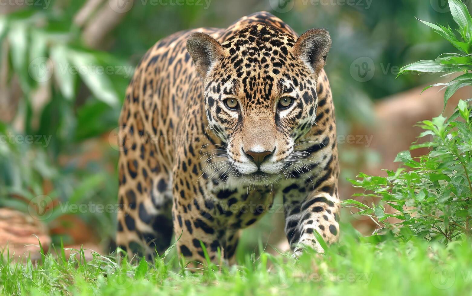 Powerful Jaguar Prowling Through The Jungle Greenery Portrait photo