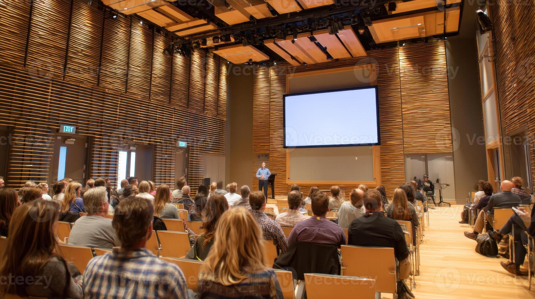 Conference Venue Presentation with Seated Audience and Speaker on Stage Setting photo