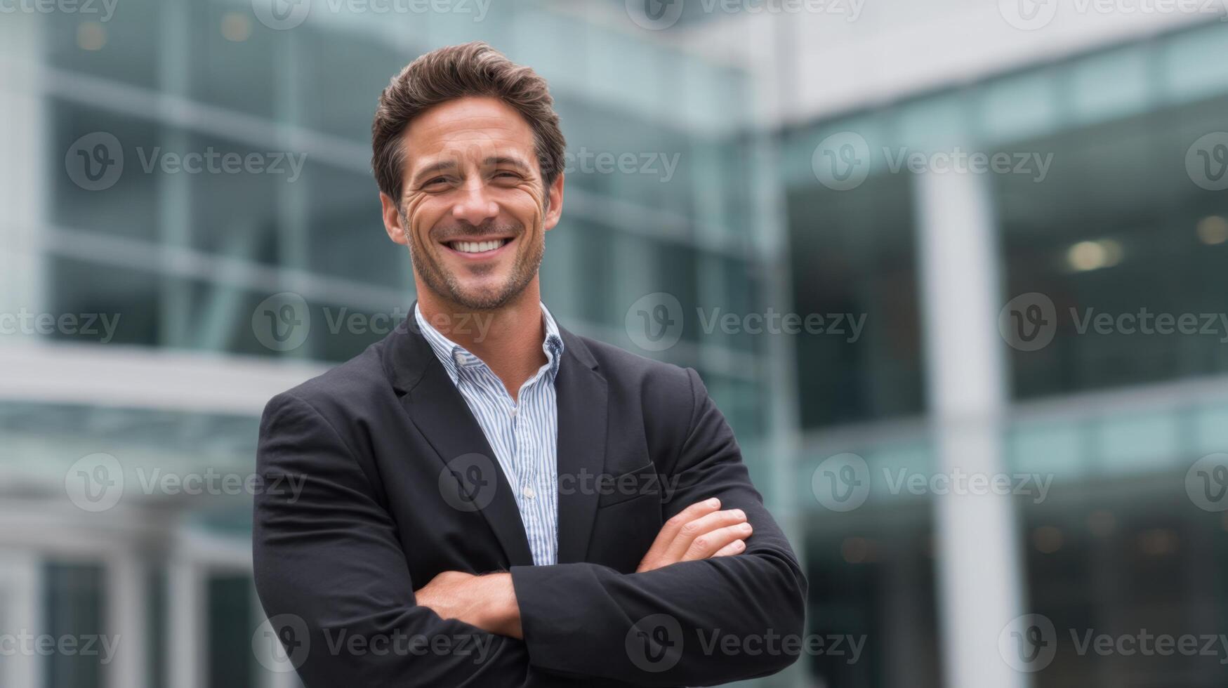 Successful Entrepreneur Standing Confidently in Front of Modern Office Building During Daylight photo