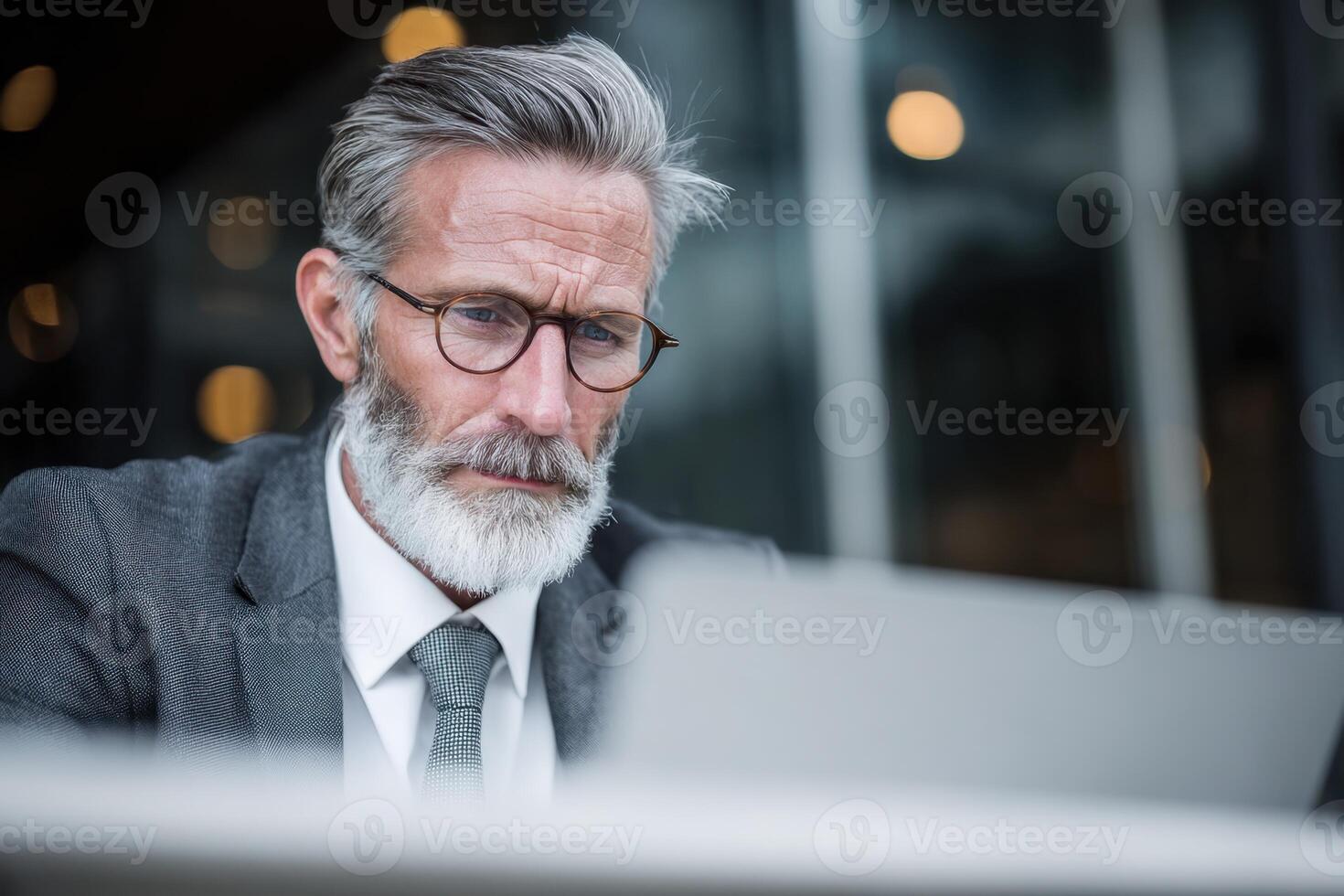 Mature Businessman Wearing Eyeglasses and Suit Working on Laptop with Concentration photo
