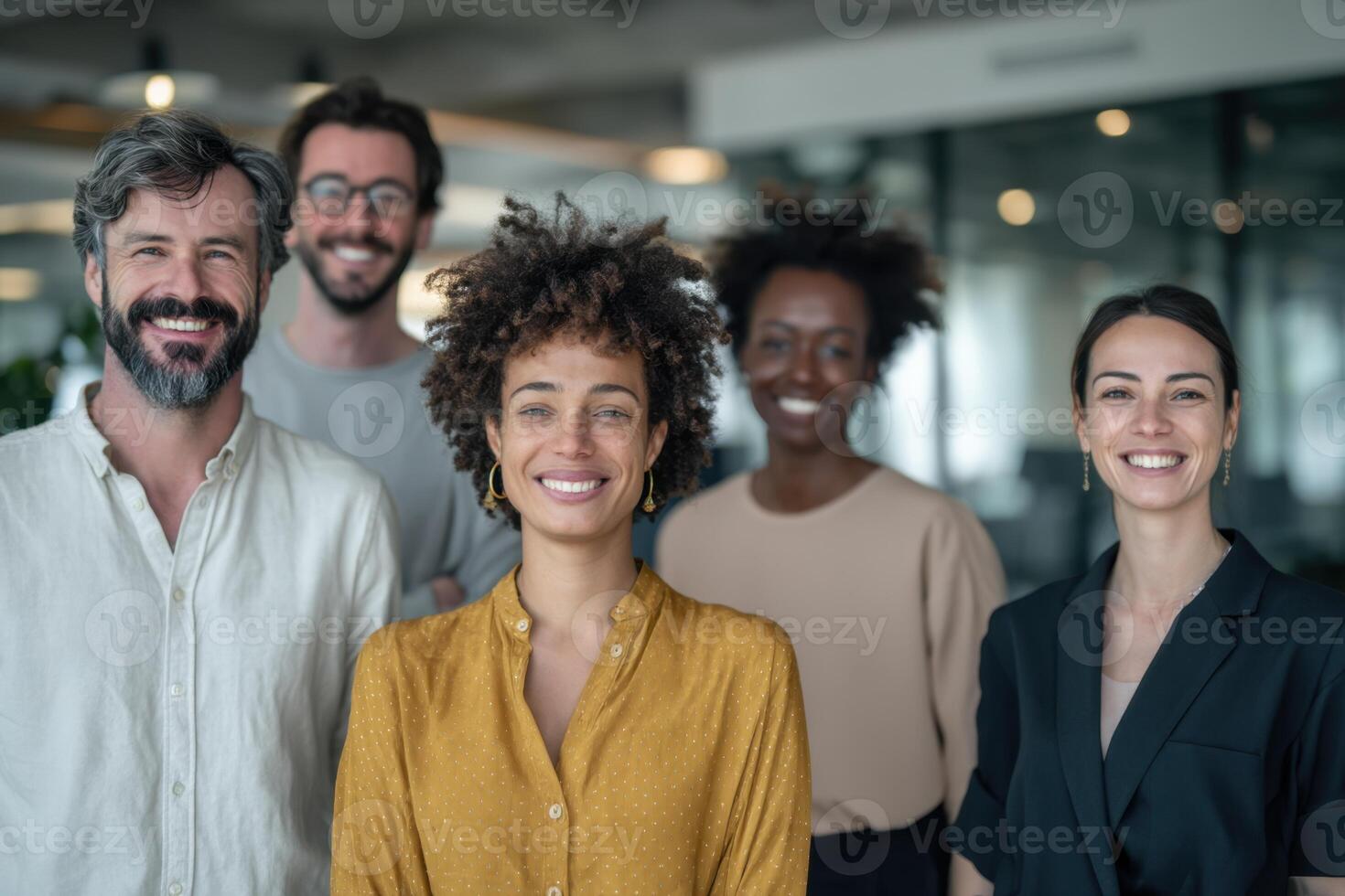 Diverse Group of Professionals Collaborating in an Office Setting and Smiling Together photo