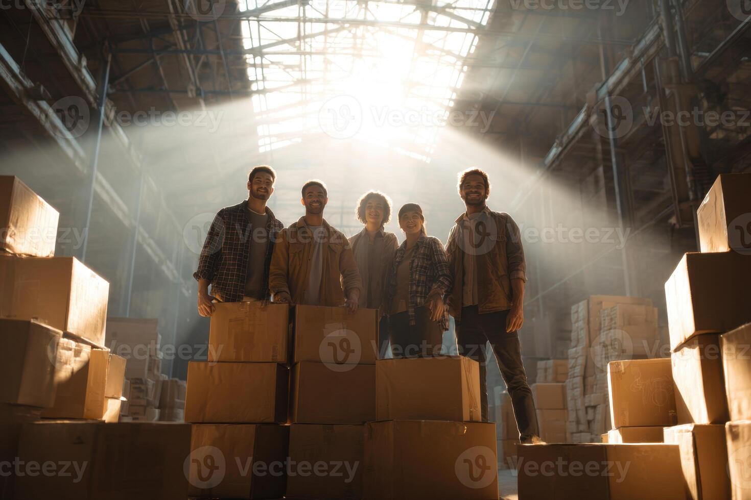 Group of Delivery Guys in Warehouse Surrounded by Packages in Sunlight photo