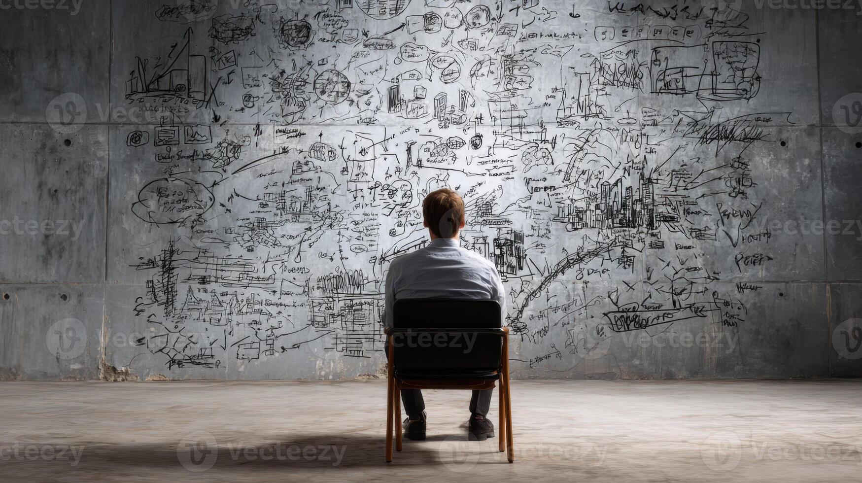 The man sits on a chair and sees a wall full formulas photo