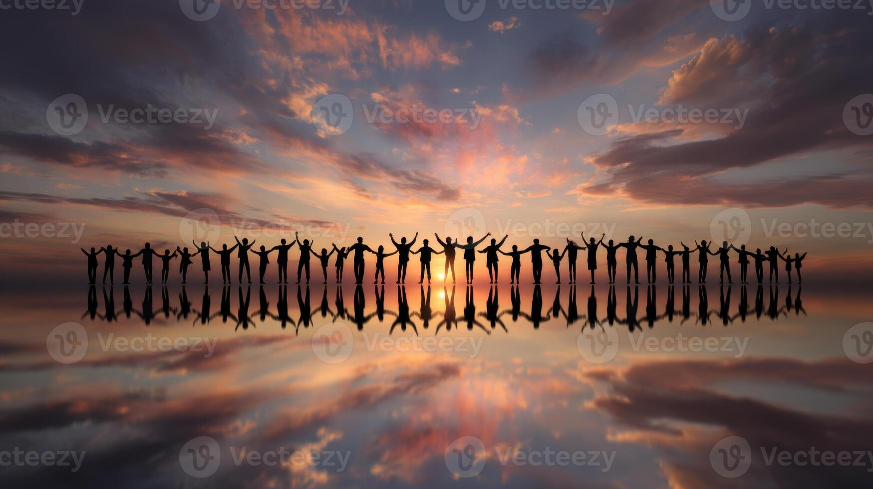 A Circle of Silhouettes Enjoying a Beautiful Sunset Above the Calm Water photo