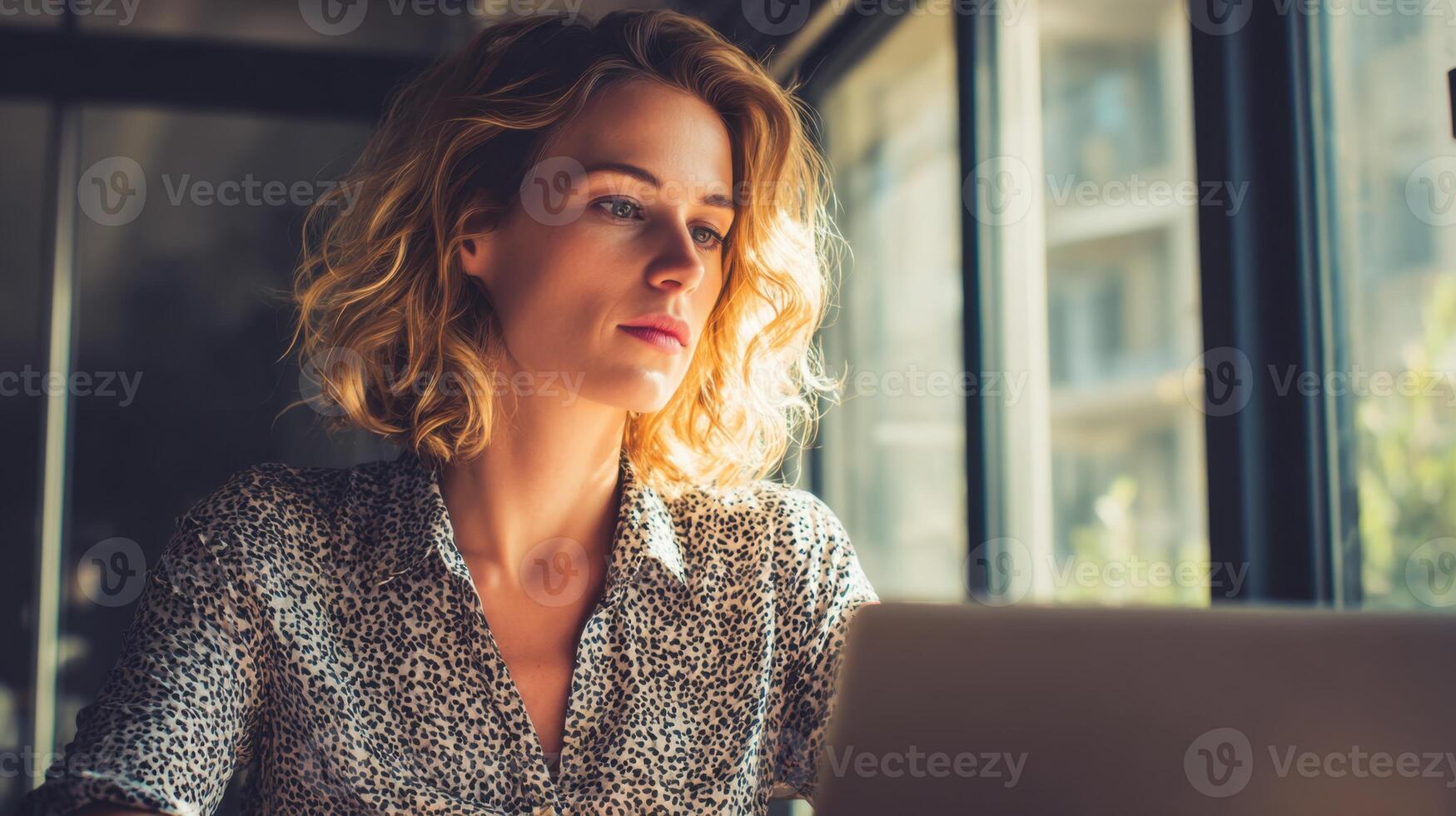 A Woman Sits Near a Window While Working on a Computer photo
