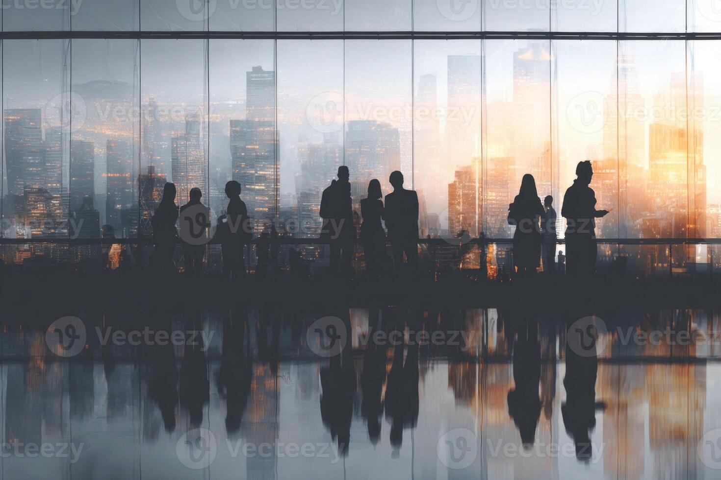 Business People Meeting with Modern Architecture Building Cityscape in Background during Sunset photo
