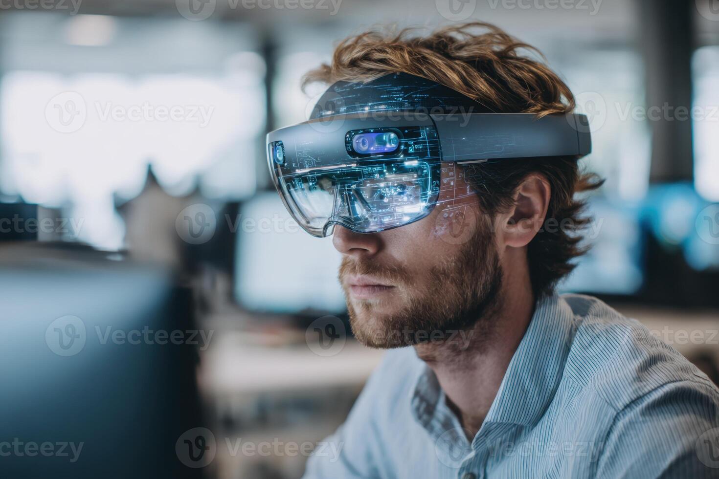 Man Wearing a Virtual Reality Headset Device in the Office Environment photo