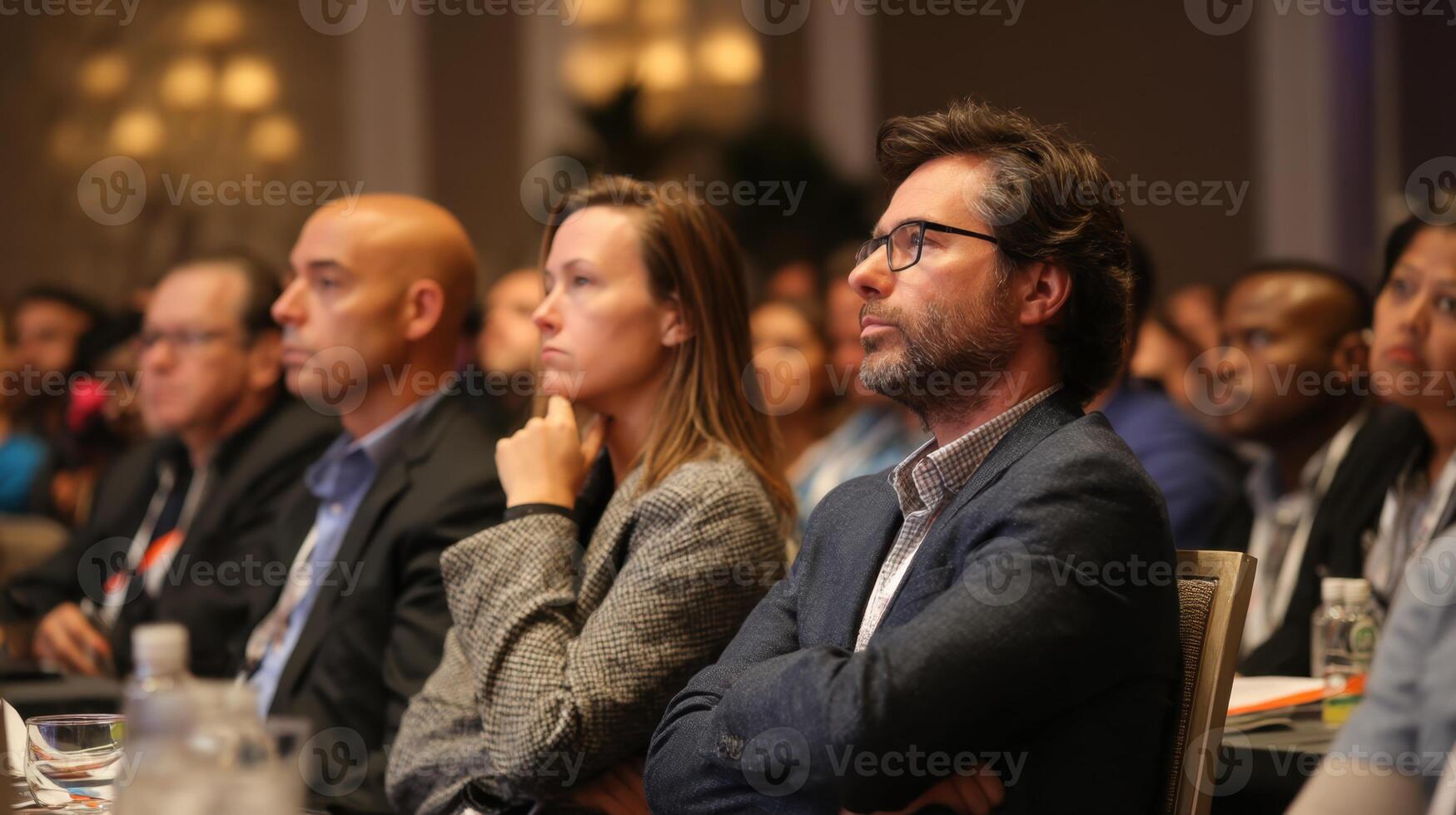 Diverse Audience Engaged in Thought Provoking Conversation at a Conference Venue photo