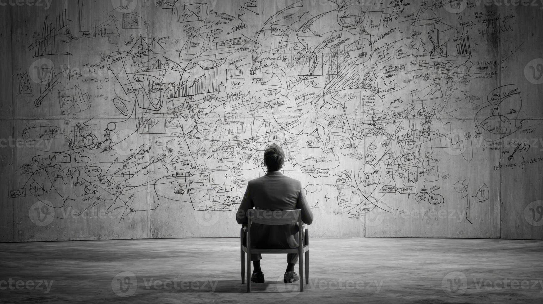 The Man Sitting Confronting a Wall Covered with Strange Markings Mysterious Setting photo