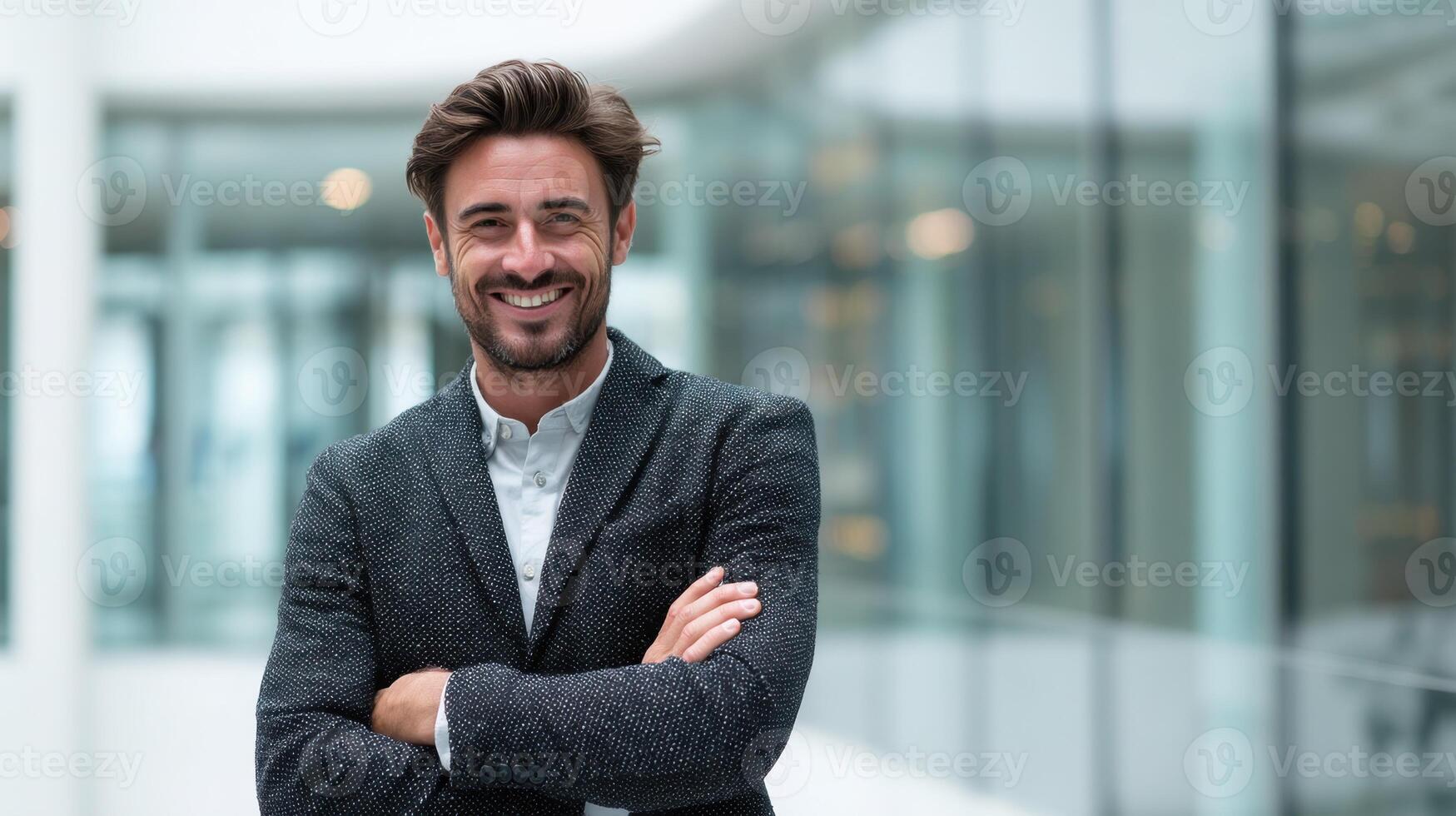 Confident Professional Man in Office Building with Blurred Background Stands Relaxed photo