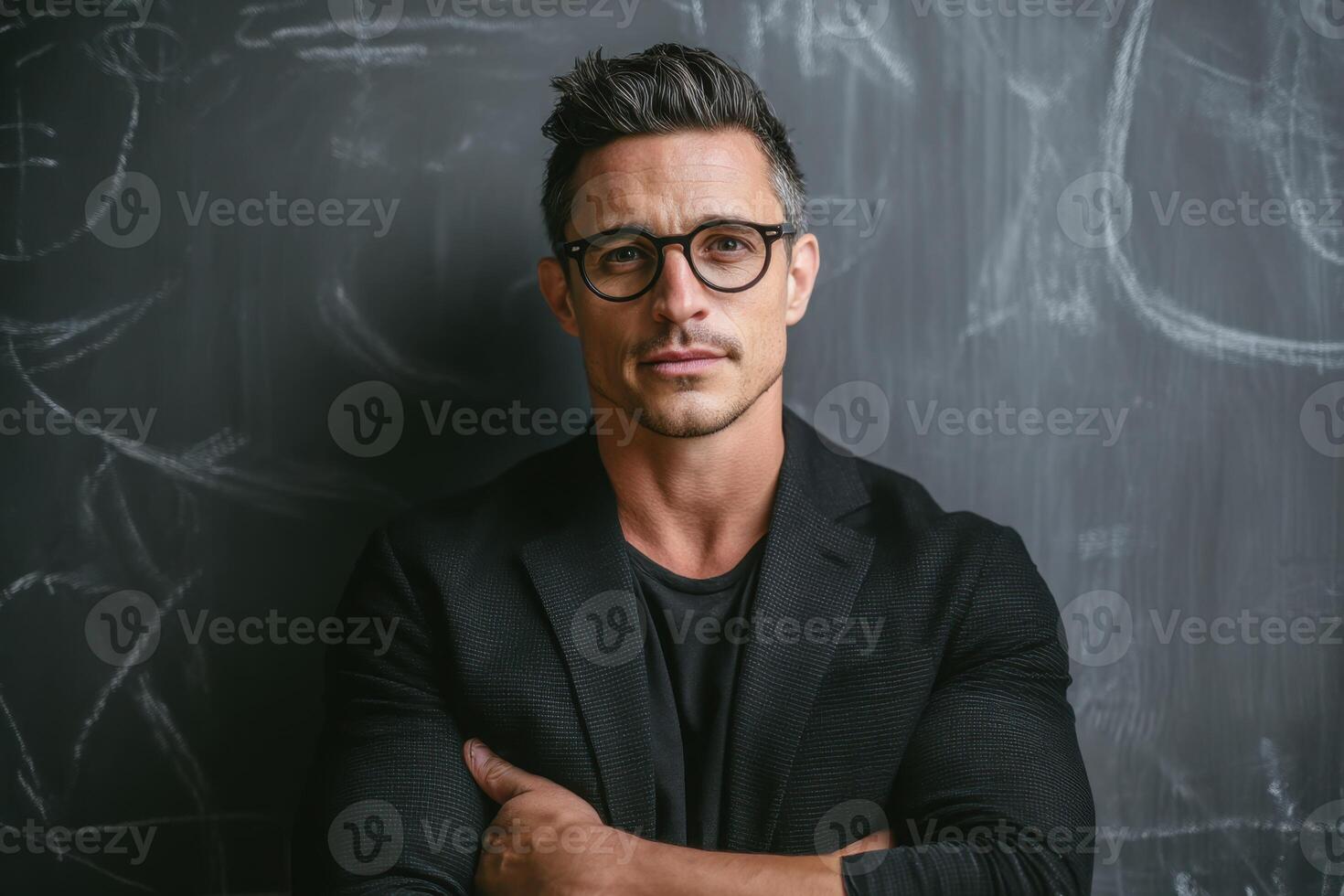 Man with eyeglasses standing in front of blackboard wearing jacket looks serious photo