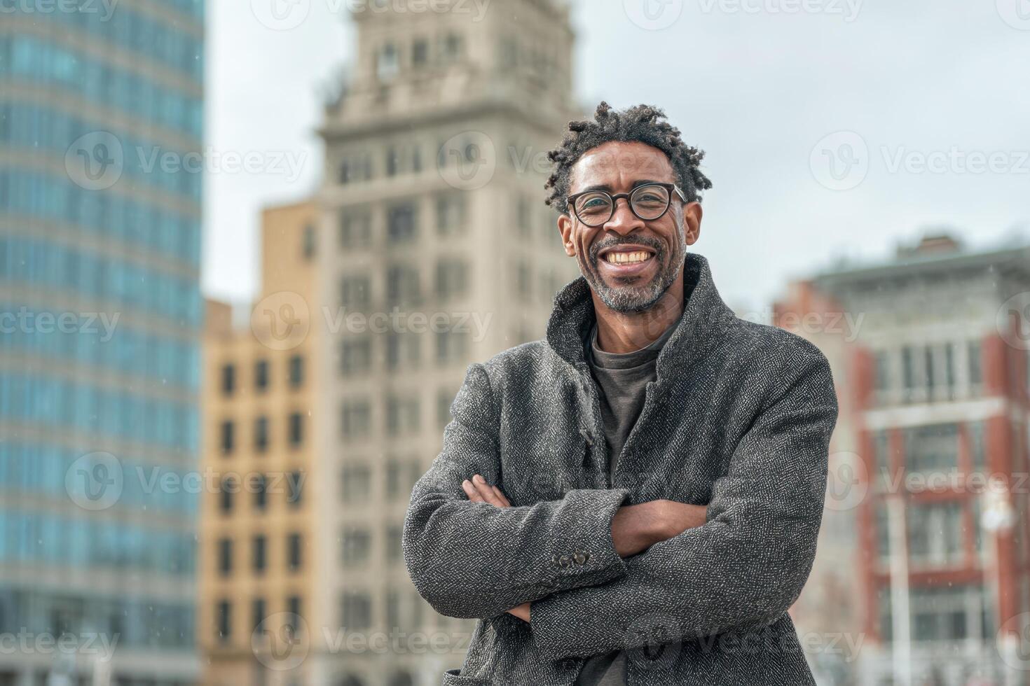 Man with glasses wearing a jacket standing in front of city buildings photo