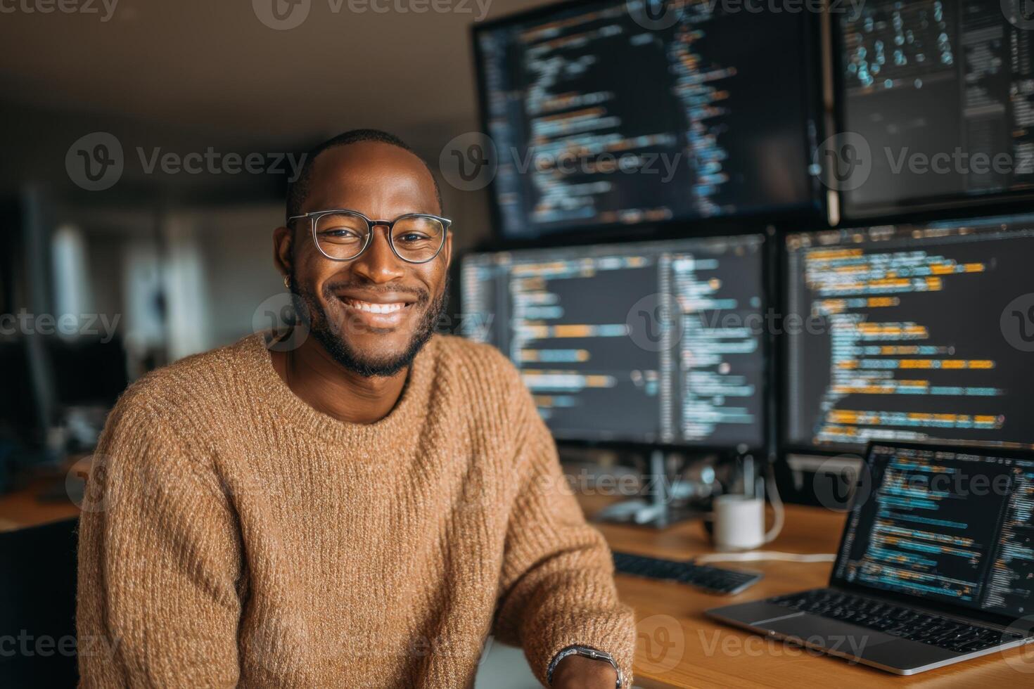 Smiling programmer working in modern office surrounded by multiple computer screens photo