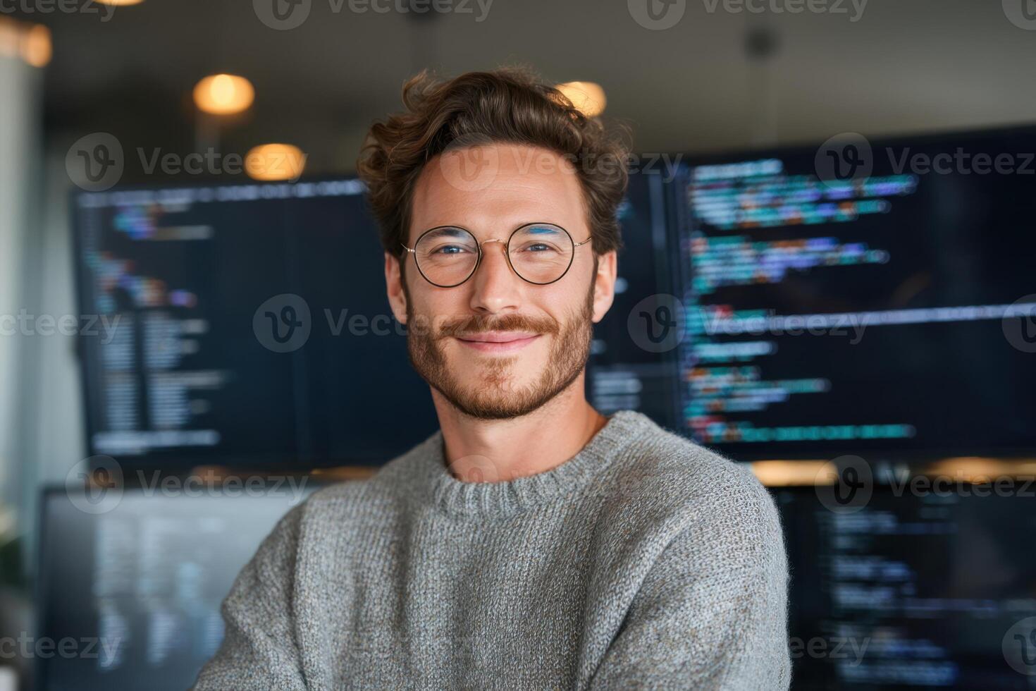 A Young Caucasian Male Programmer Smiling In Front of a Computer Screen photo
