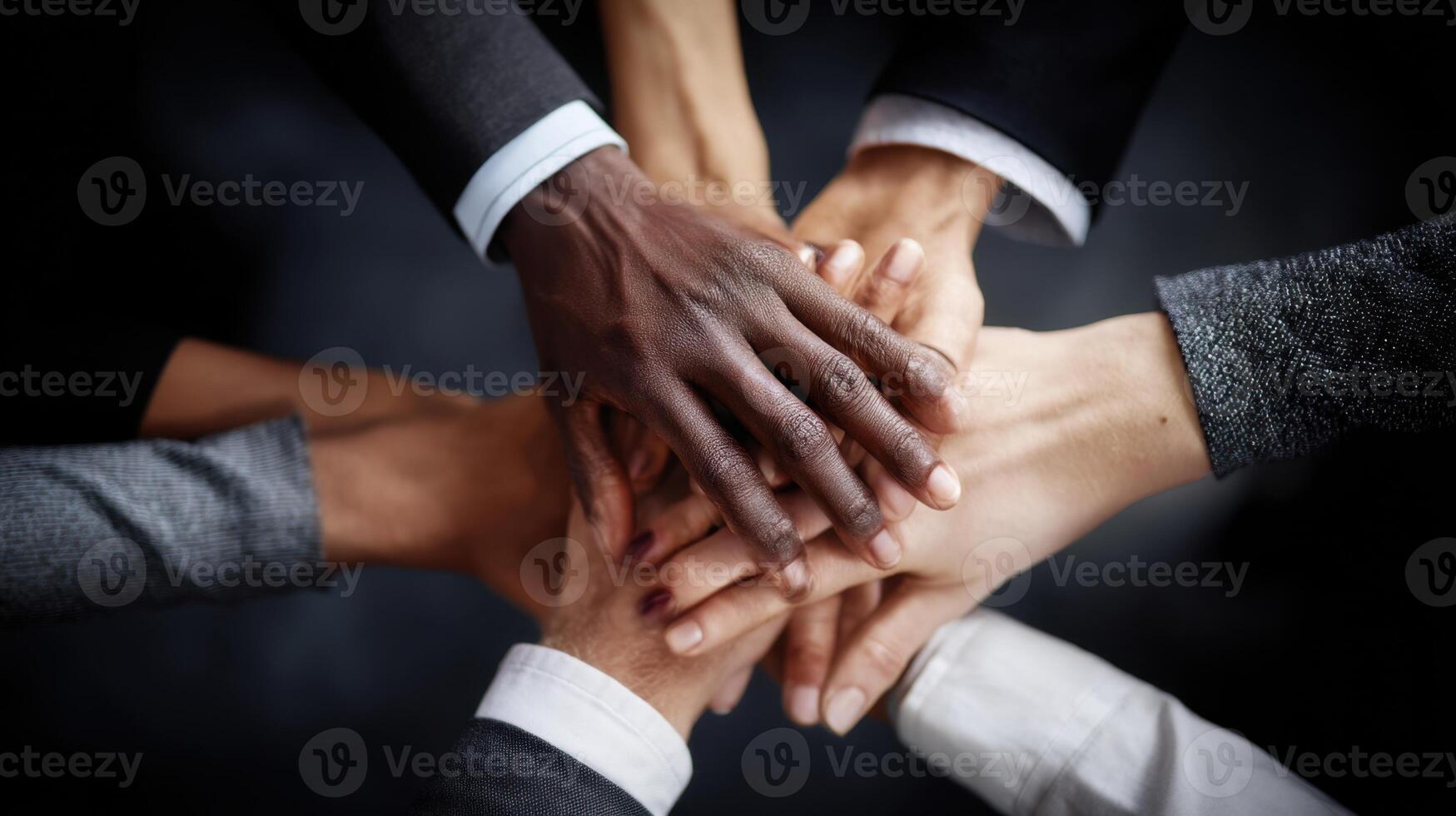 Hands Joined Together Top View Multi Ethnic Group Work Close Up Picture photo