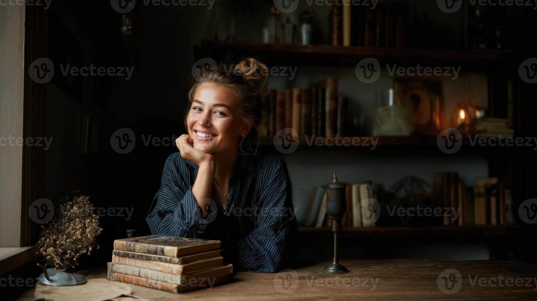 A Joyful Moment of Reading and Learning Near Some Old Books photo