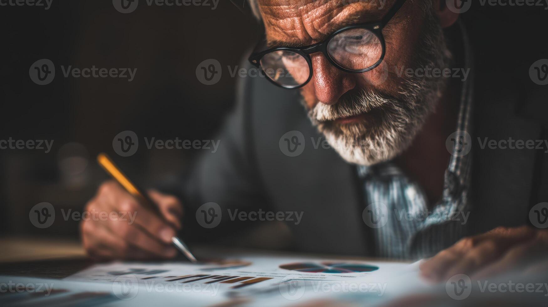 Analyzing Charts and Graphs Old Man Examining Important Documents with Eyeglasses photo