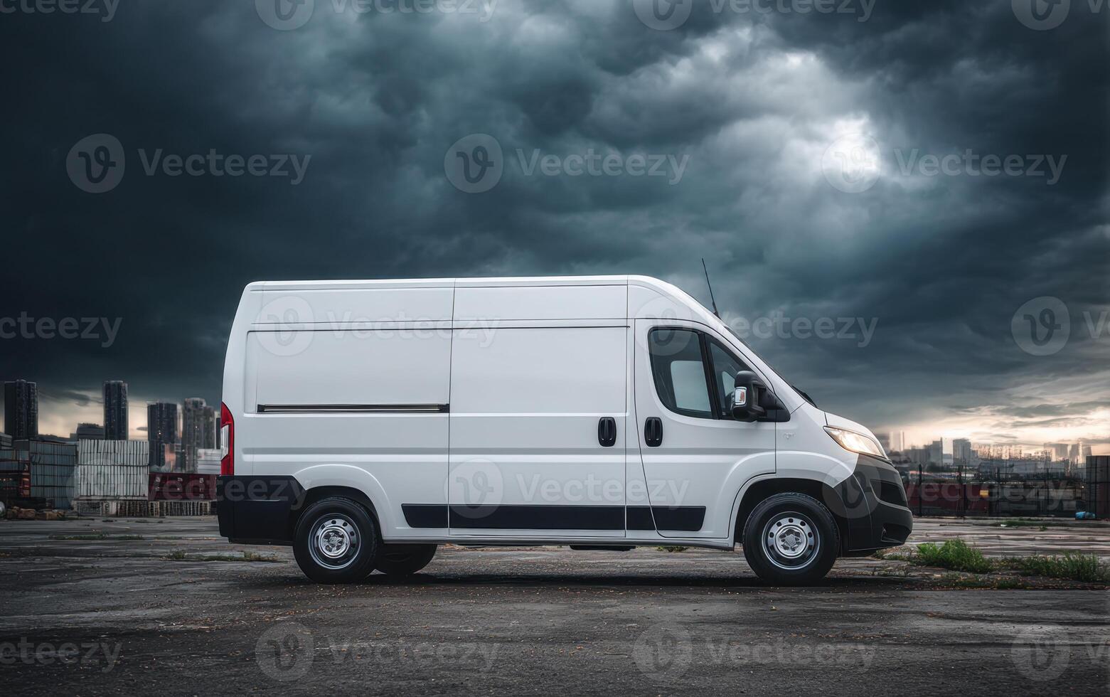 A Modern White Van Under a Dramatic Sky on a Rainy Day photo