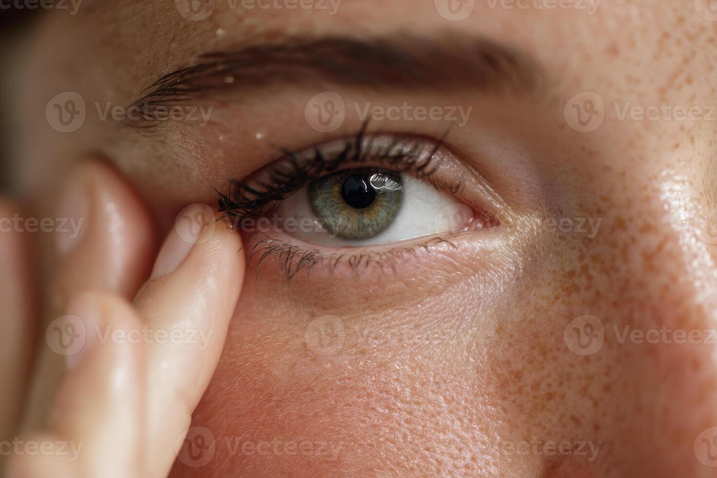 Closeup of a Woman's Eye with Fingers near Lashes and Skin photo