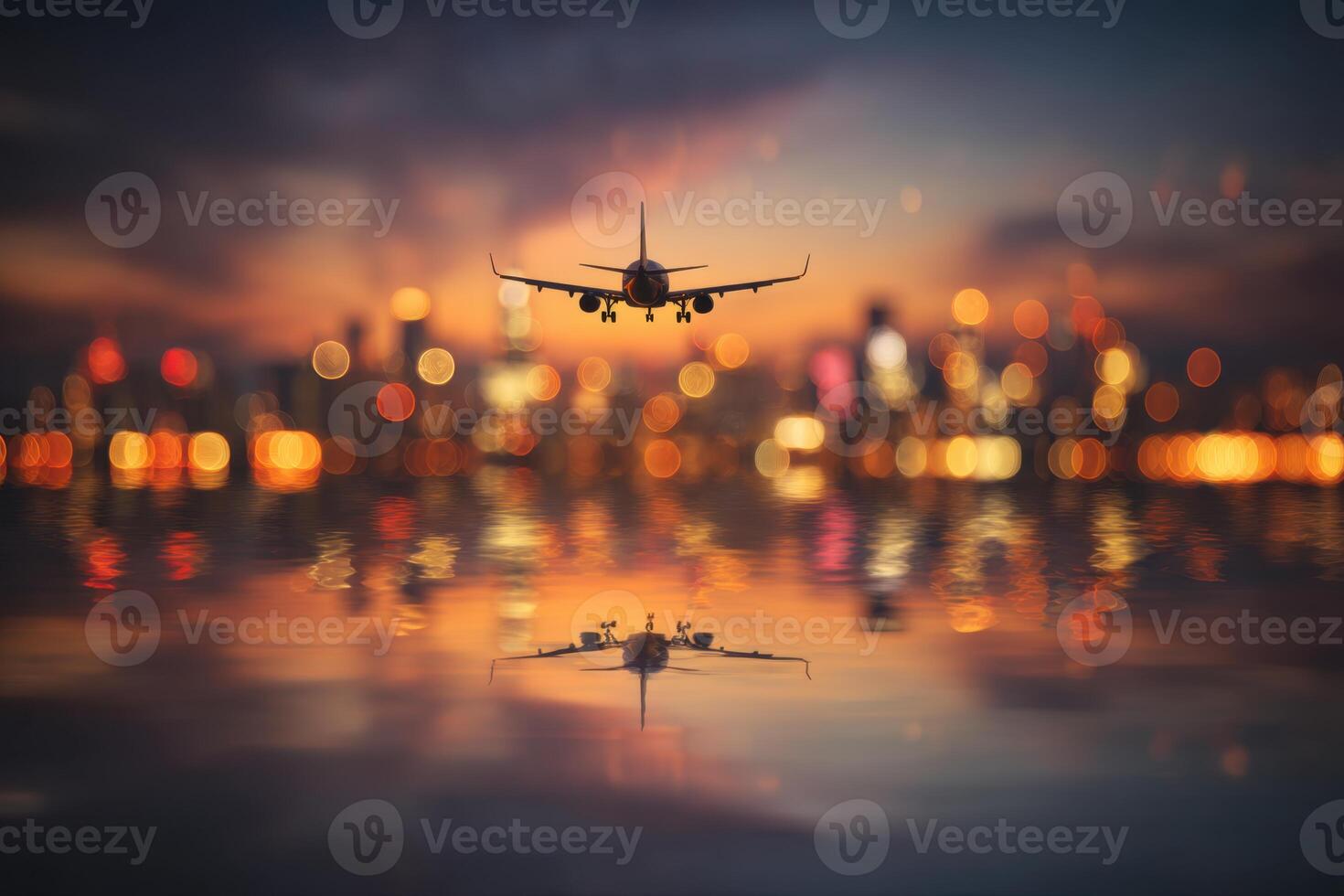 Plane Reflection In Calm Water Beautiful City Lights In The Background photo