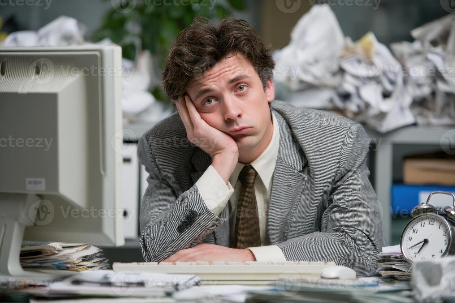 A Tired Office Worker Drowning in Paperwork and Seeking Some Motivation photo