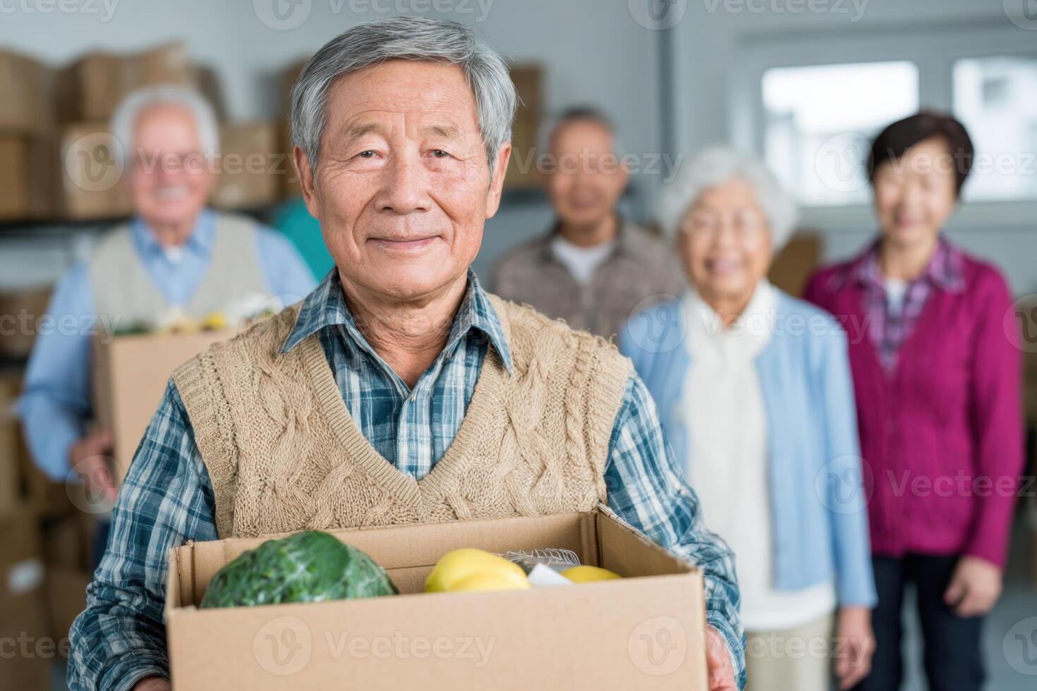 A Group of Mature People Volunteering and Holding Food Donation Boxes Together photo