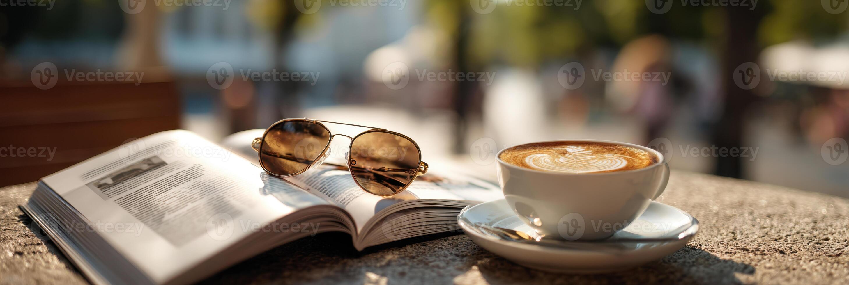 Morning Coffee Reading Glasses and Peaceful Moment in a Tranquil Cafe photo