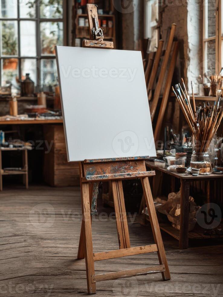 Blank White Canvas Stands Ready in a Painter's Studio for Creation photo