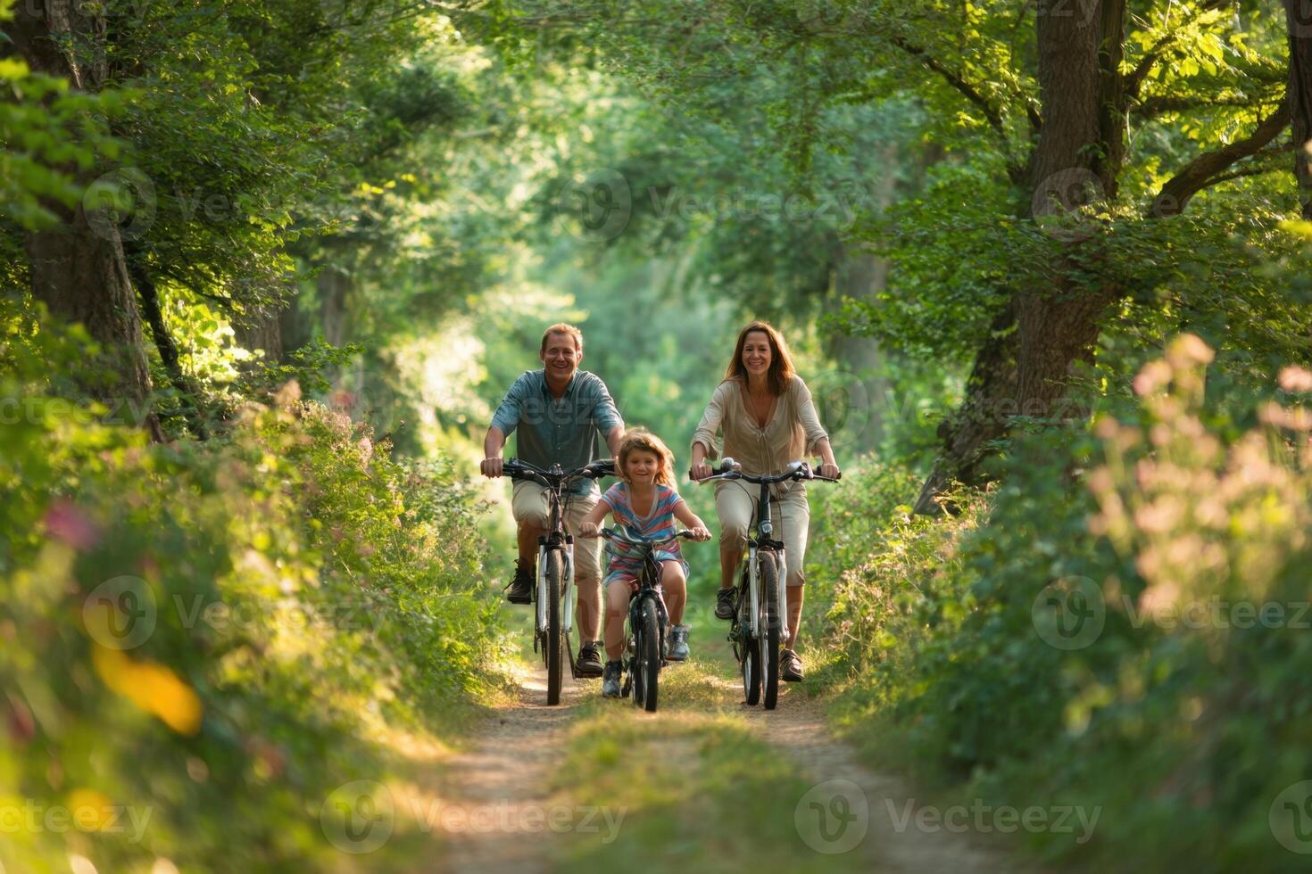 Family enjoying a bike ride on a beautiful summer day with trees photo