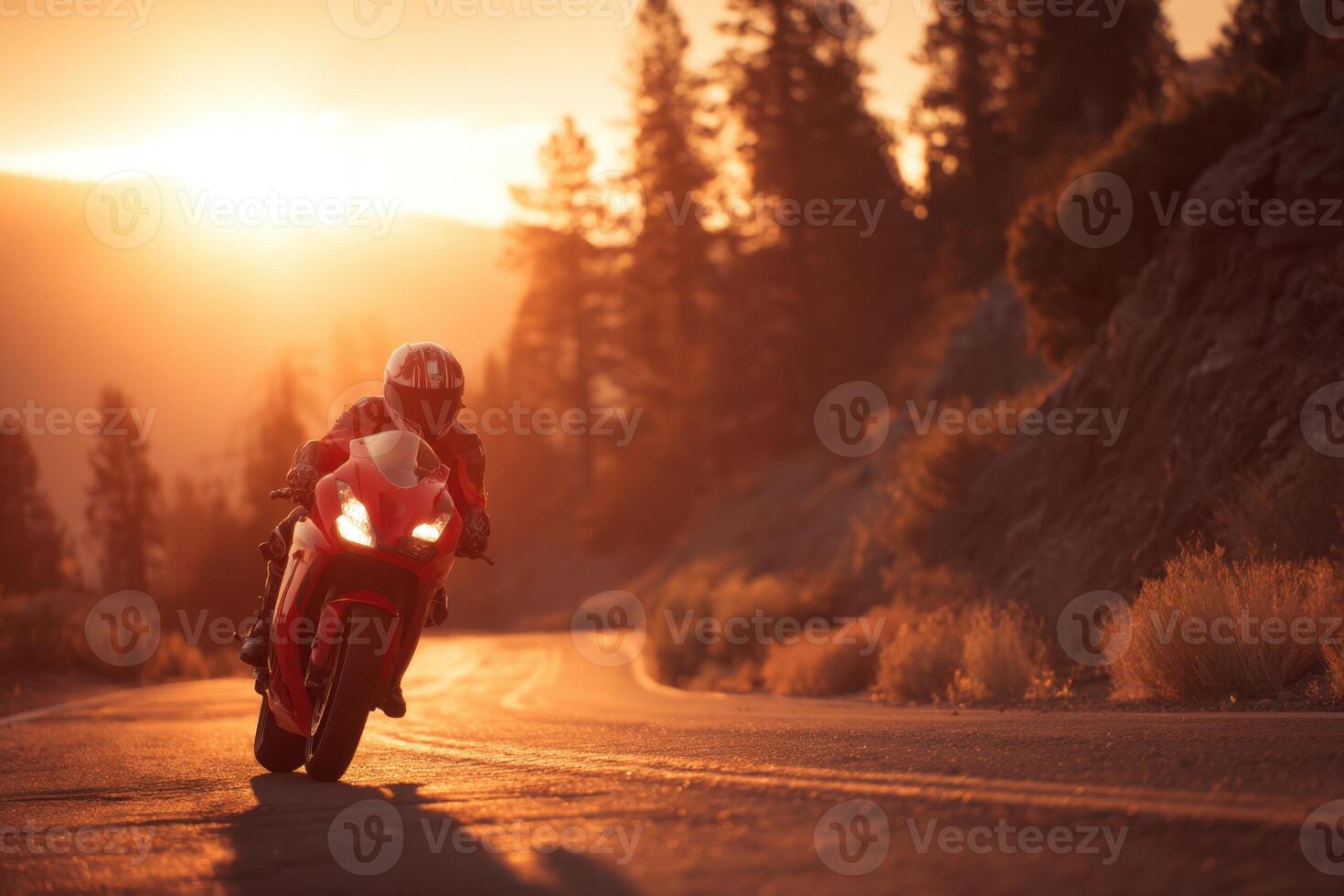 Motorcycle Riding Towards Sunset on the Forest Road Beautiful Evening Sunlight photo