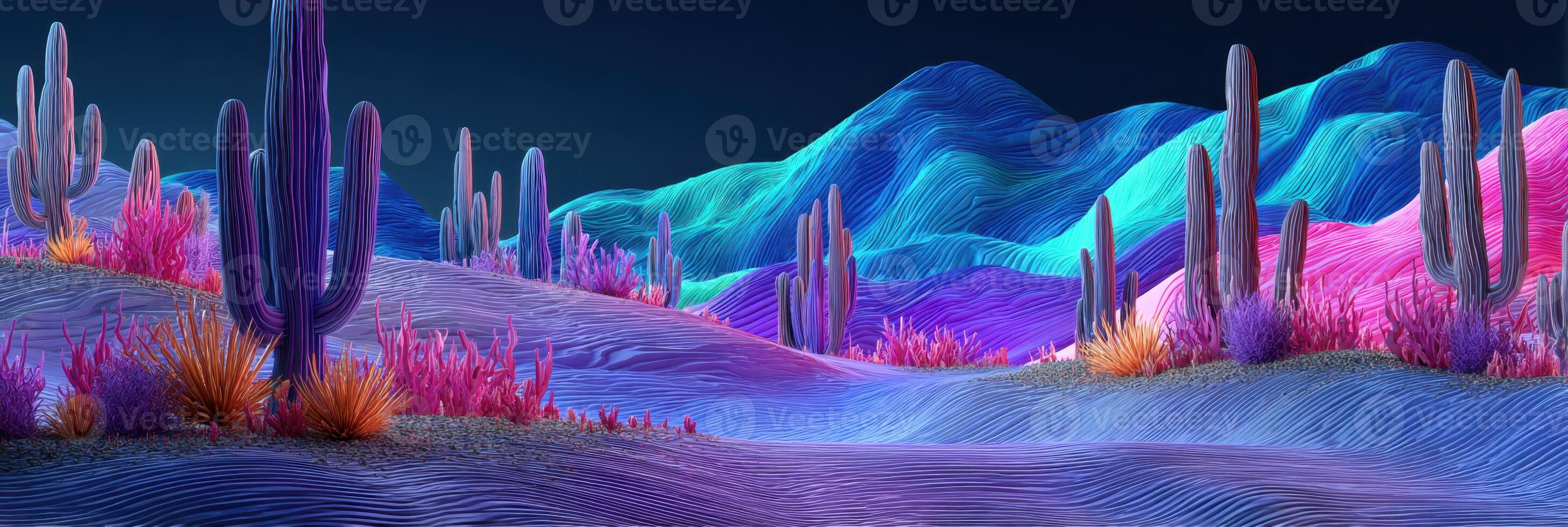 Colorful Digital Landscape with Cacti and Mountains Under a Starry Sky photo