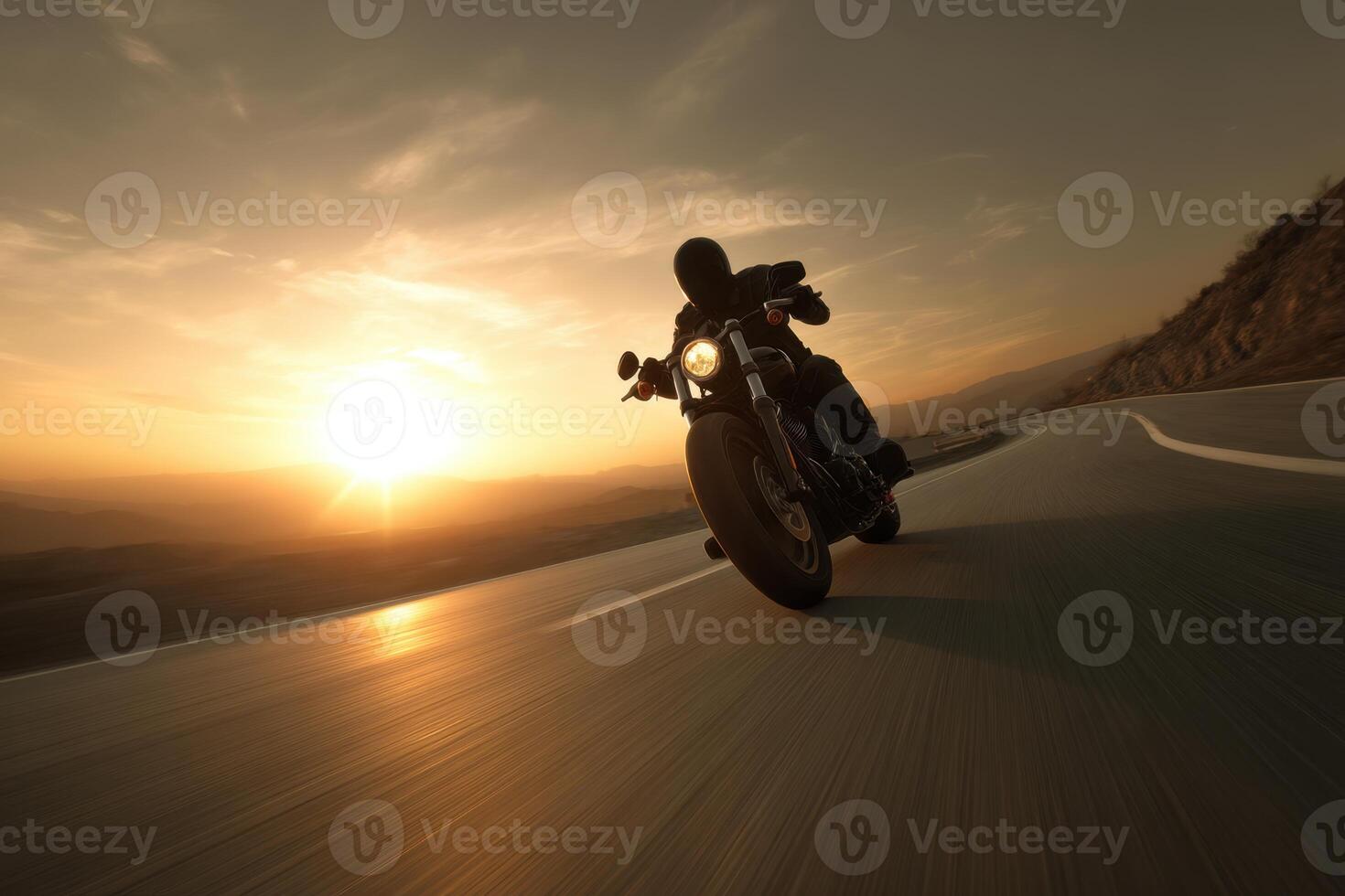 Motorcycle Riding Towards Setting Sun Freedom of the Open Road Adventure Trip photo