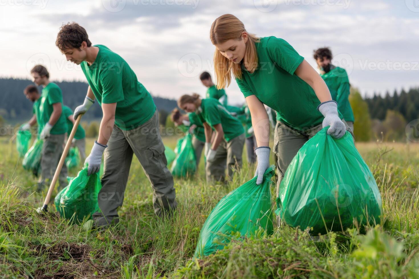 People Picking Up Garbage in Green Bags for Nature and Environment Clean photo