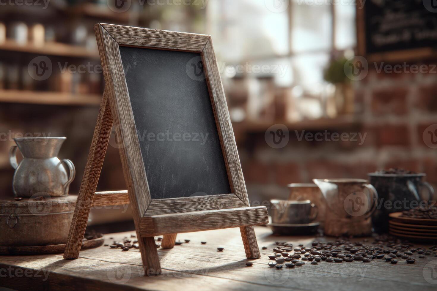 Chalkboard Display with Coffee Beans The Rustic Charm of Coffee Houses Interior photo