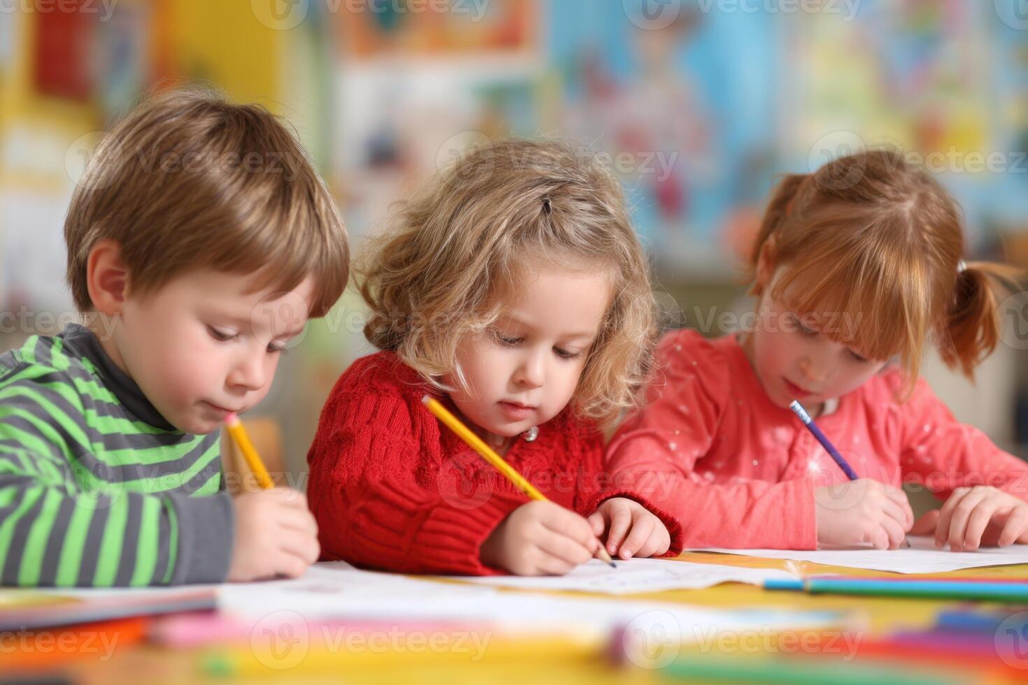 Focused Young Learners Engaged in Drawing Activities in a Classroom Setting Here photo