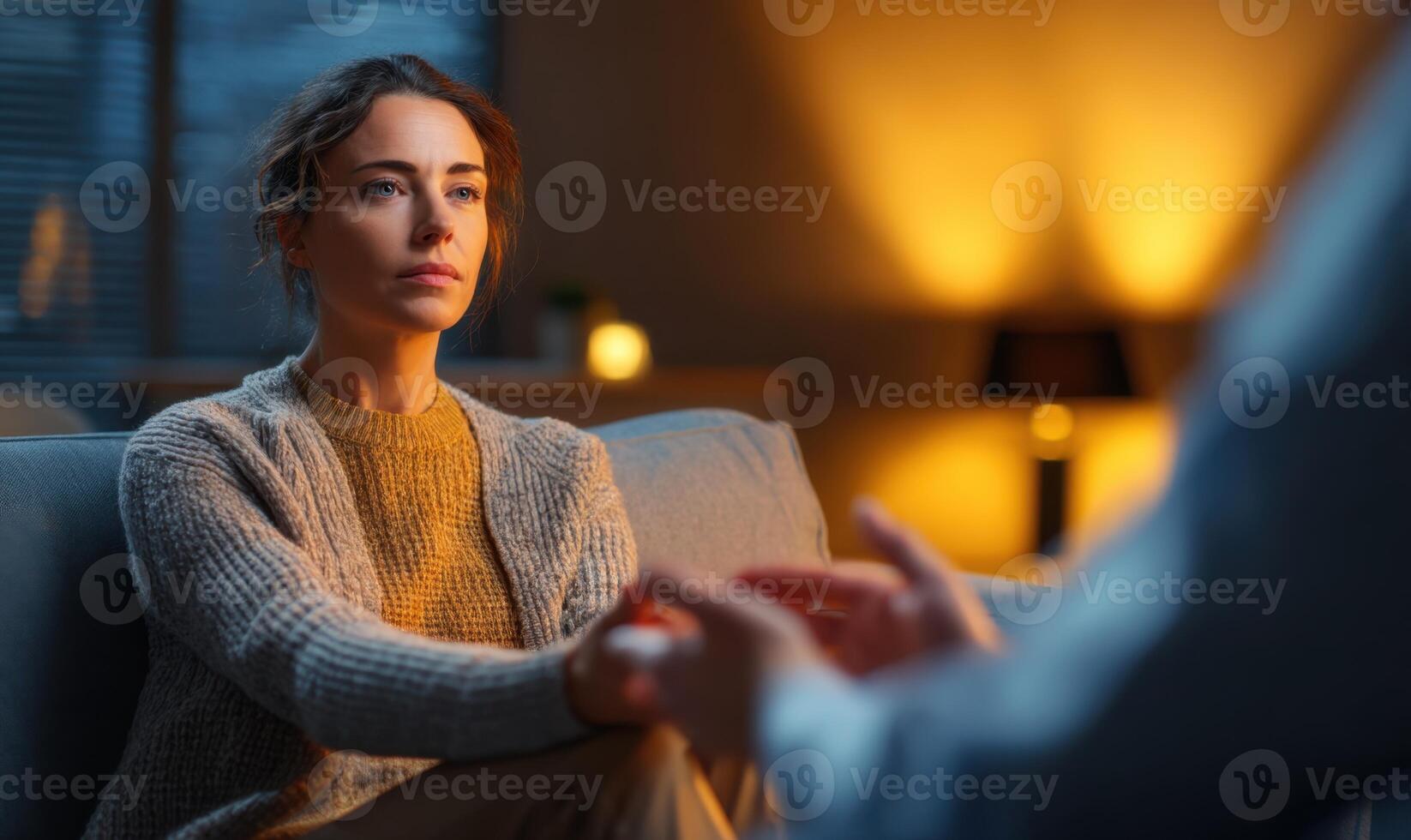 Sad Woman Seeks Support Therapy and Understanding From Her Therapist Late Night photo