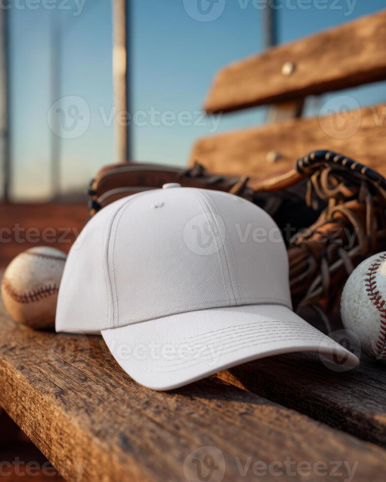 A white baseball cap on a bench with ball and glove photo