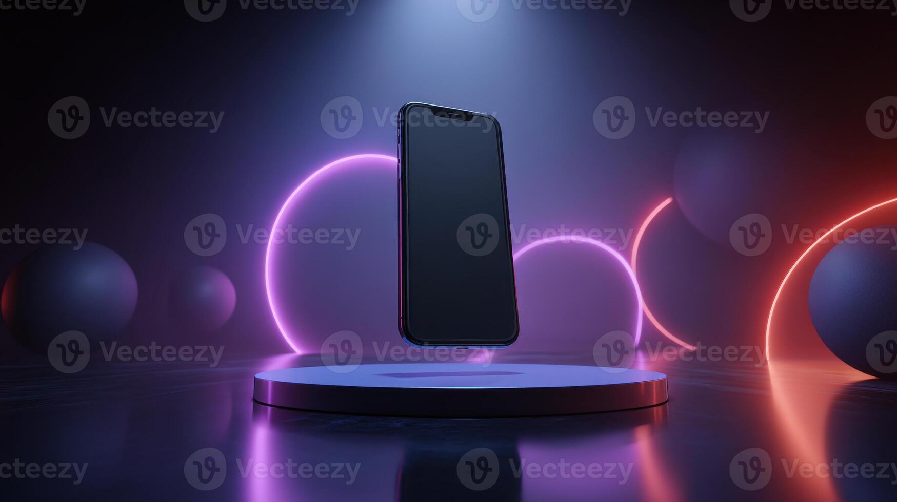 Smartphone On Elegant Modern Podium With Neon Light And Futuristic Ambiance photo