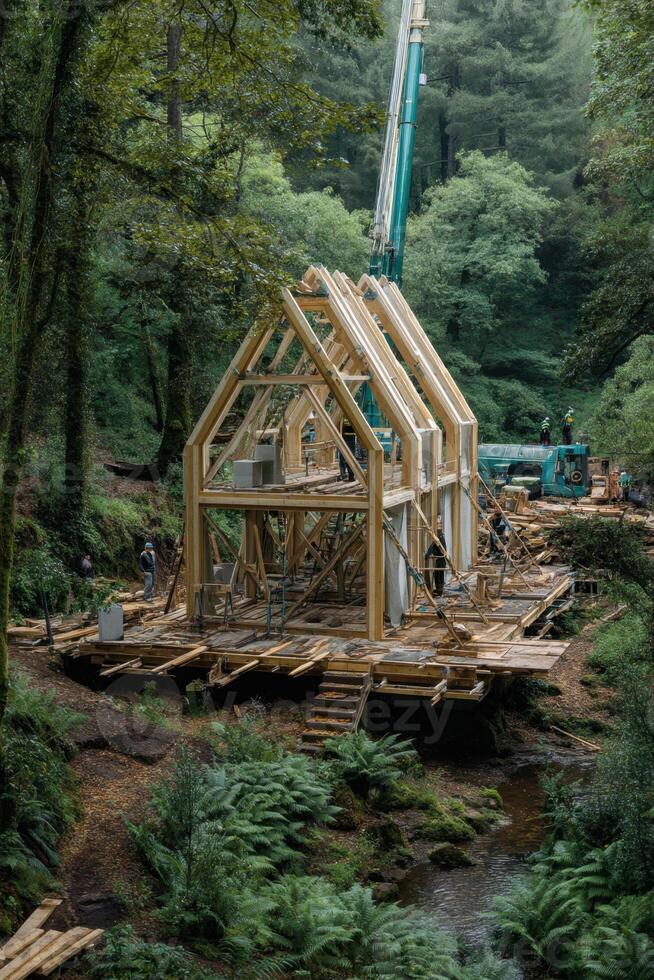 Wooden Building Structure Assembled on the Forest Ground By the River Side photo