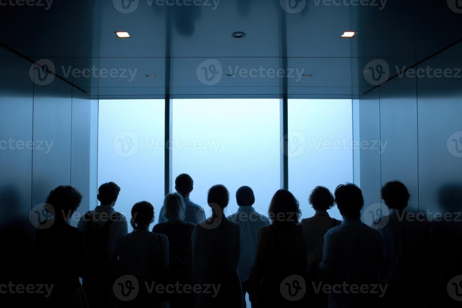 Silhouetted Crowd Gathers in Front of Bright Window Panoramic Overlook View photo