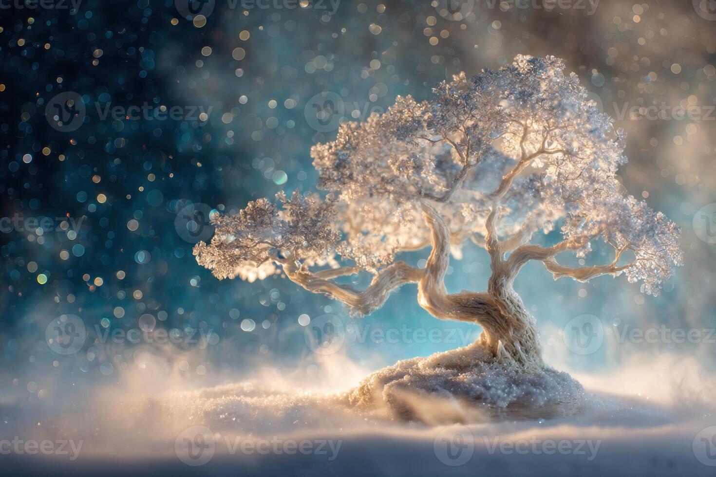 Winter landscape with ice crystal tree in the mist and snowflakes falling photo
