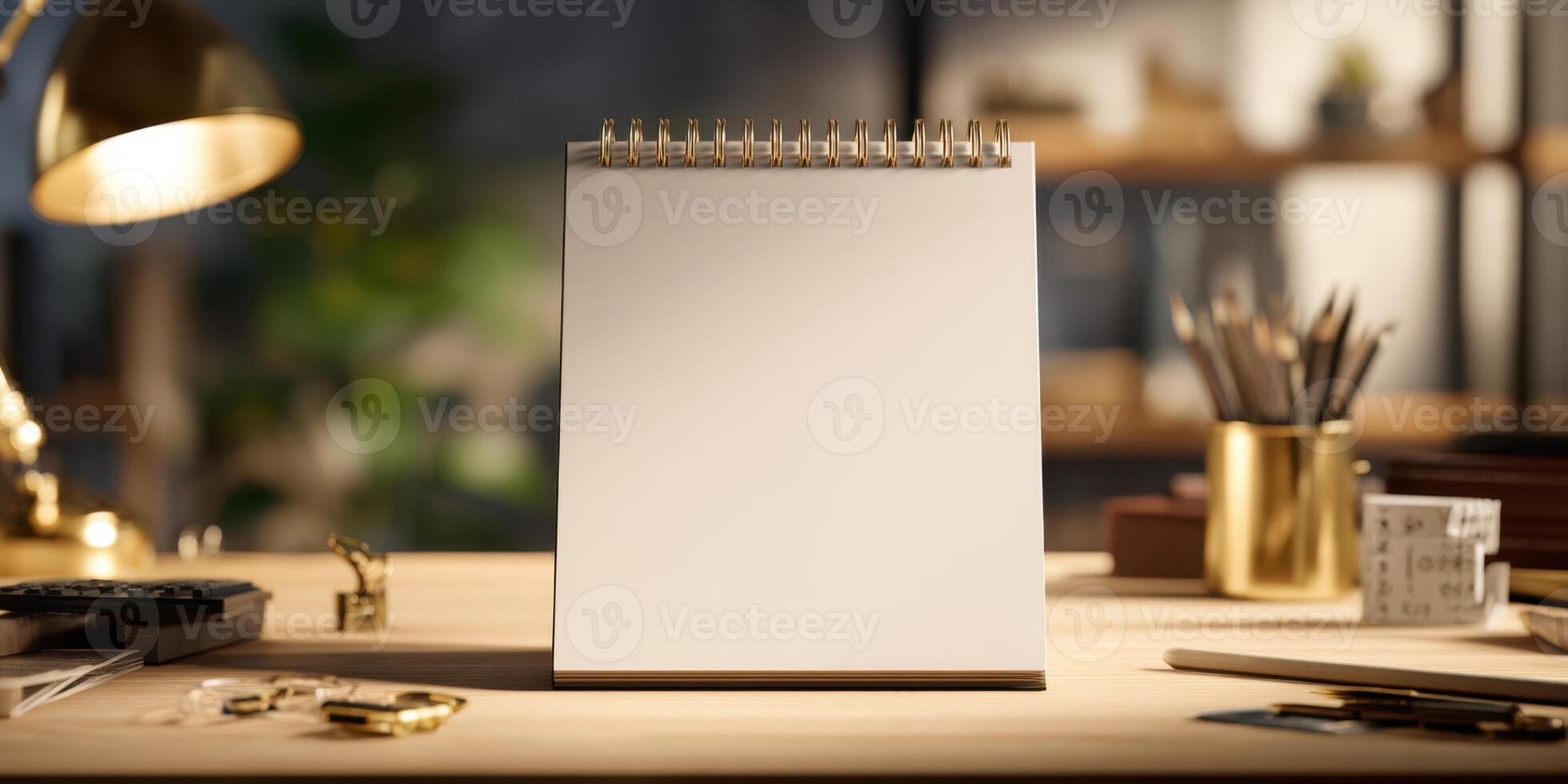 A blank white spiral notebook sitting on a desk in studio photo
