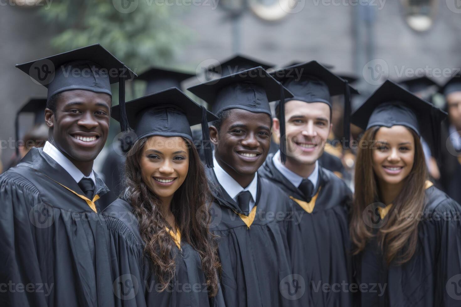 The Group Of Graduates Are Smiling In A Graduation Ceremony Together Proudly photo