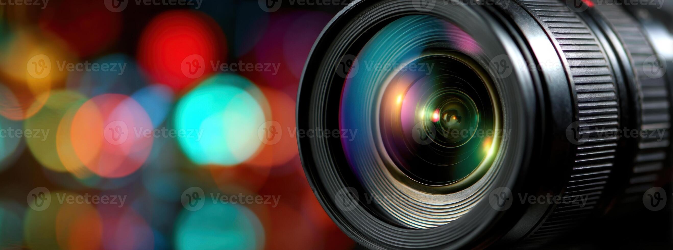 Professional Camera Lens Close Up With Blurred Bokeh Effect Background Illustration photo