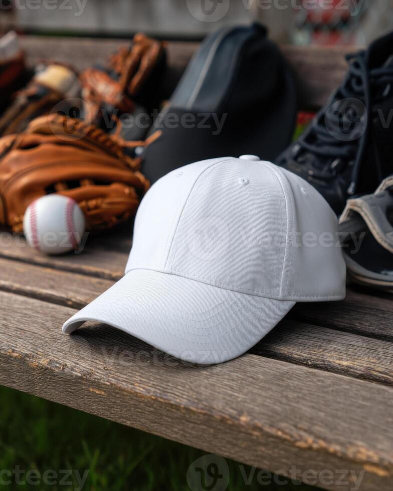 White Baseball Cap Resting on Bench Amidst Sporting Equipment Accessories Outdoors photo